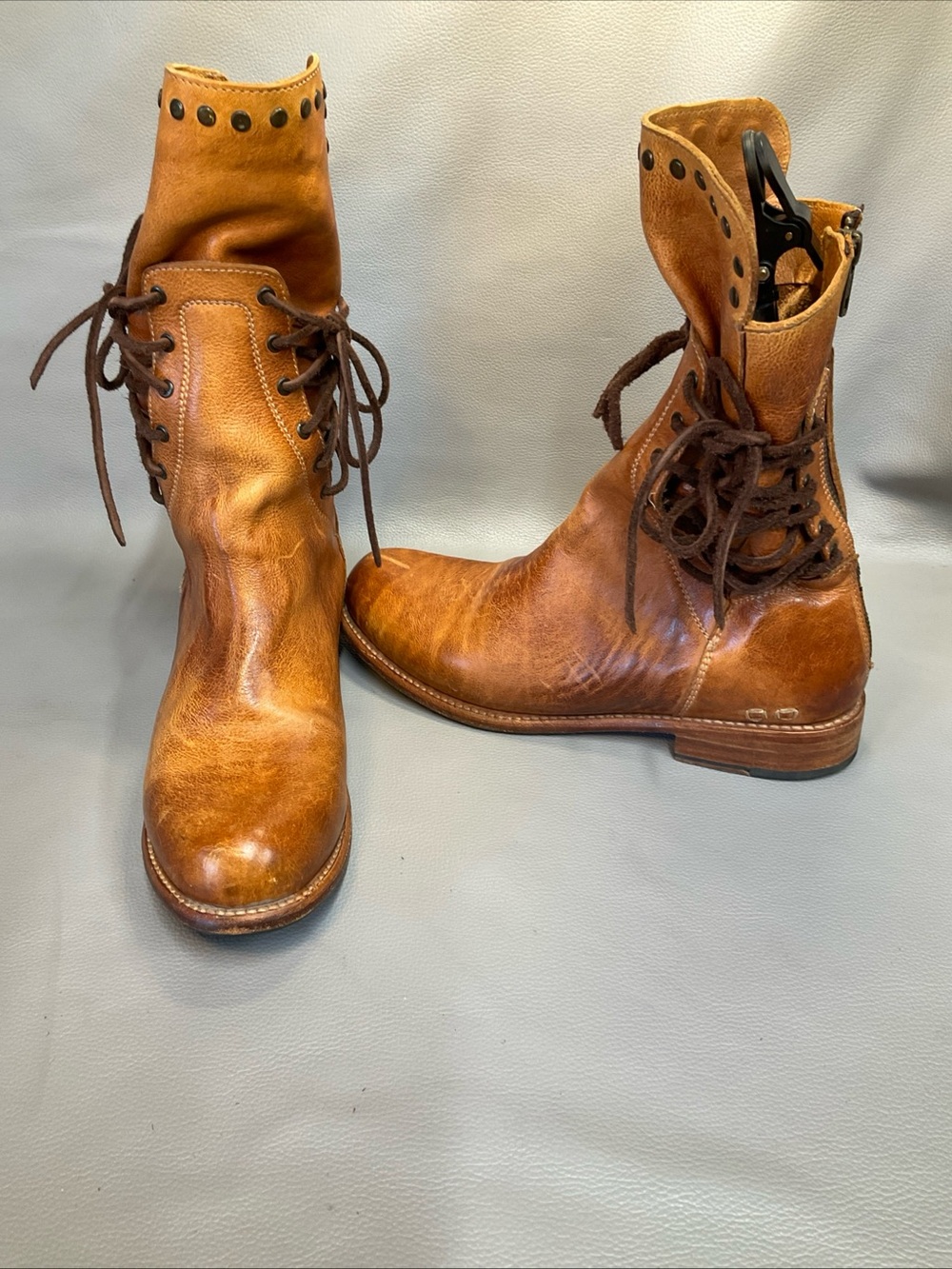 BED|STU Cognac Brown Leather Lace-Up Studded Ankle Boots - Picture 4 of 11